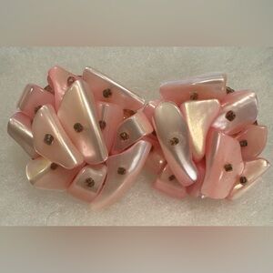 Pink Faux Mother of Pearl Cluster Earrings   Signed Japan